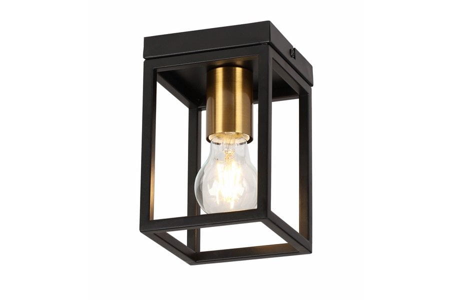 Lampa sufitowa Cage 1xE27 w kolorze czarnym z mosiężnymi akcentami. Kwadratowa konstrukcja z metalowym stelażem, odsłonięta żarówka wewnątrz. Ujęcie z przodu, montowana na suficie. Idealna do nowoczesnych wnętrz.