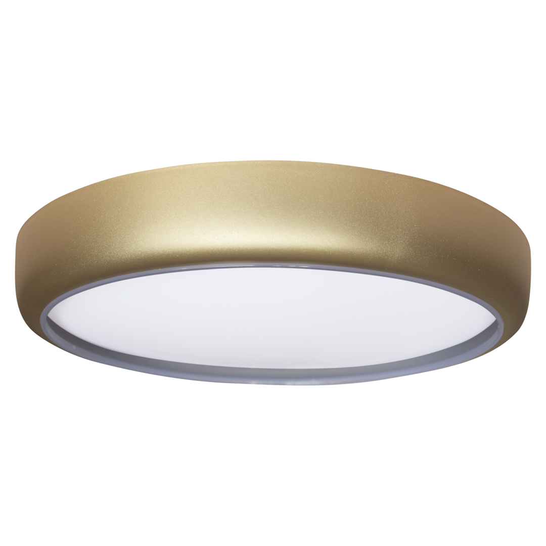 Plafon LED Gea w kolorze złotym, o okrągłej formie, z białą, matową częścią emitującą światło. Produkt widoczny z boku, z delikatnym połyskiem. Zawiera pilot do zdalnego sterowania.
