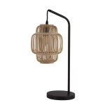 Lampa stołowa Java z czarnym metalowym stelażem, posiada klosz z naturalnego bambusa w kształcie okrągłym. Ujęcie z boku, lampa stoi na okrągłej podstawie. Widoczne są przewody elektryczne oraz miejsce na żarówkę E27. Tło neutralne.