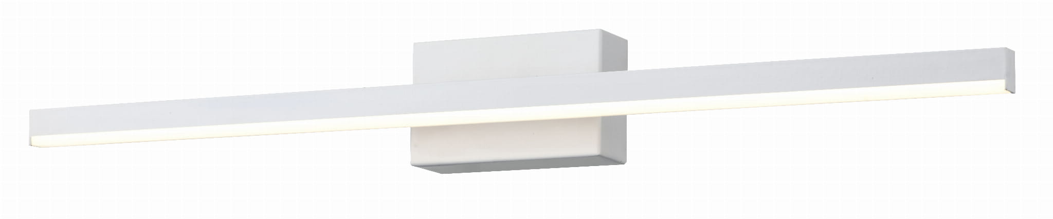 Biały kinkiet łazienkowy Linea LED IP44, o długości 60 cm i mocy 7W, z prostokątną, minimalistyczną obudową. Zamontowany na płaskiej podstawie, emitujący równomierne, ciepłe światło. Idealny do oświetlenia luster lub obrazów.