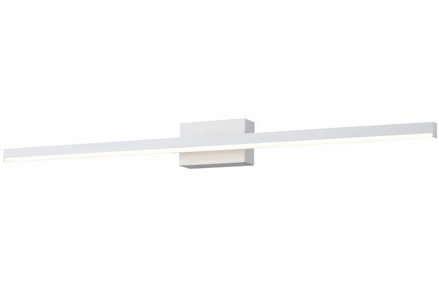 Biały kinkiet LED IP44 o długości 80 cm i mocy 10W, prostokątny, zamontowany na ścianie. Zawiera wbudowane źródło światła, emitujące równomierne oświetlenie. Prosty design idealny do łazienki lub jako oświetlenie obrazów.