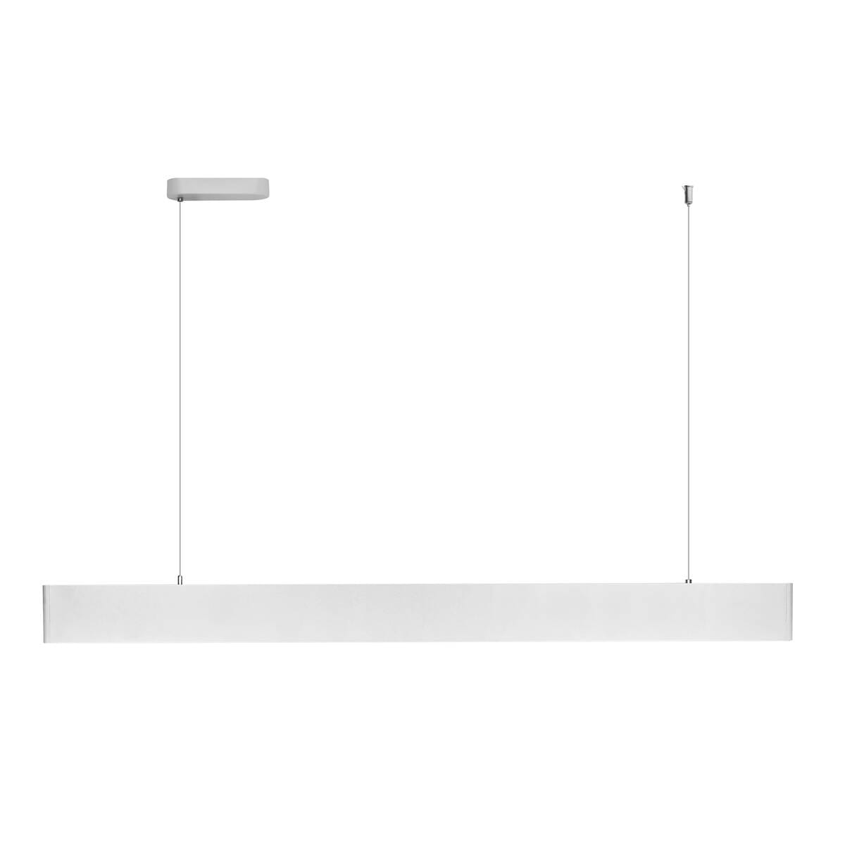 Lampa wisząca Linia Slim z białym, prostokątnym kloszem LED o mocy 30W i temperaturze barwowej 4000K, zawieszona na dwóch cienkich linkach. Montaż na suficie z minimalistycznym, kwadratowym mocowaniem.
