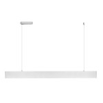 Lampa wisząca Linia Slim z białym, prostokątnym kloszem LED o mocy 30W i temperaturze barwowej 4000K, zawieszona na dwóch cienkich linkach. Montaż na suficie z minimalistycznym, kwadratowym mocowaniem.