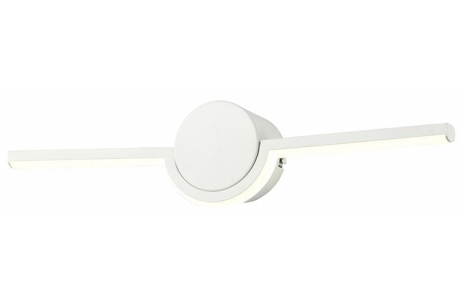 Kinkiet Almyrida 1xLED w kolorze białym, z okrągłą podstawą i dwoma prostokątnymi ramionami. Zainstalowane światło LED o mocy 5W. Produkt widoczny z przodu, na jednolitym tle.