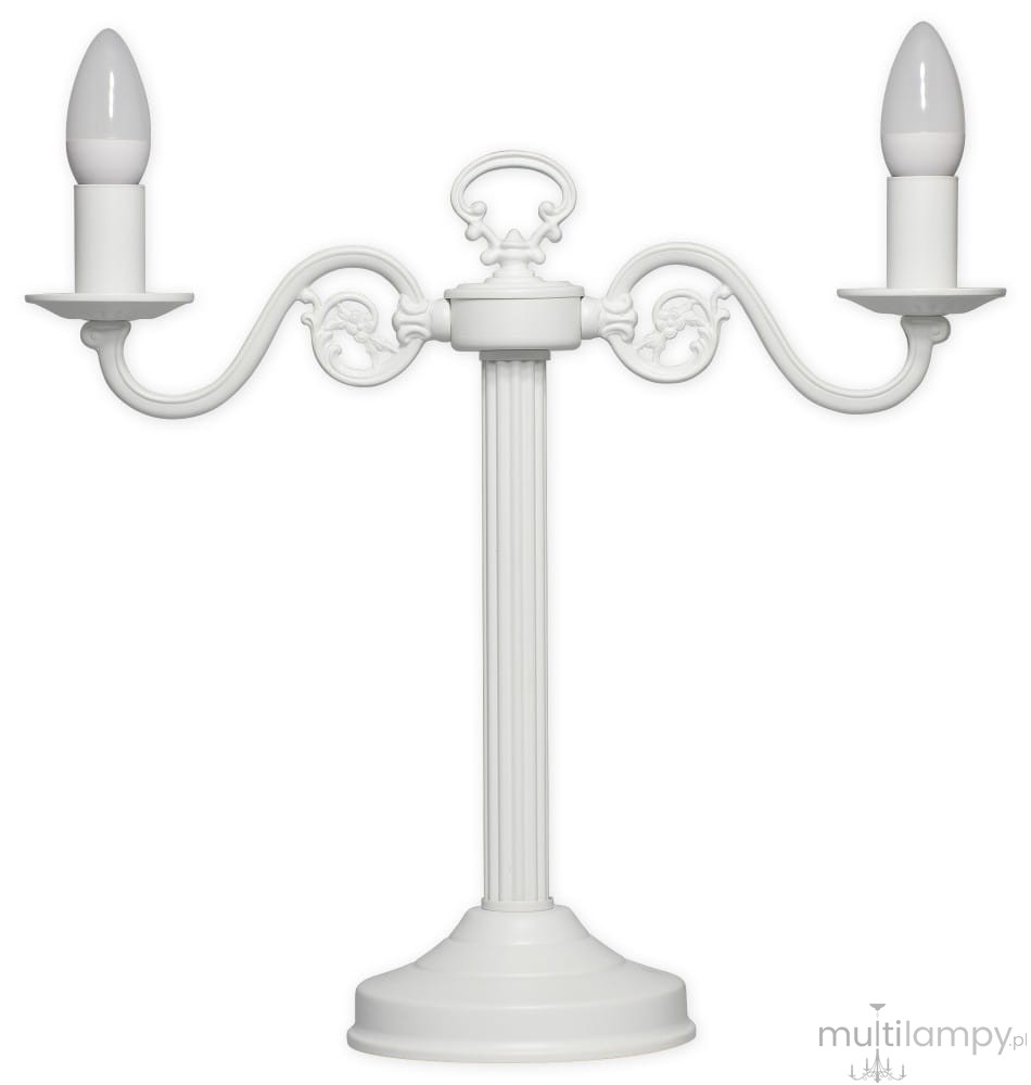 Lampka stołowa Cereus w kolorze białym z dwoma gniazdami E14. Posiada dekoracyjny uchwyt z wygiętymi ramionami oraz podstawę w formie kolumny. Całość o eleganckim designie, idealna do stylowych wnętrz.