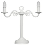Lampka stołowa Cereus w kolorze białym z dwoma gniazdami E14. Posiada dekoracyjny uchwyt z wygiętymi ramionami oraz podstawę w formie kolumny. Całość o eleganckim designie, idealna do stylowych wnętrz.