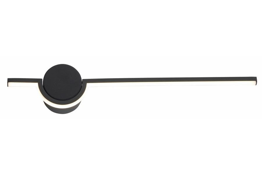 Kinkiet Alamiya 1xLED w kolorze czarnym, o długości 51 cm, z okrągłym elementem montażowym oraz prostokątną oprawą z białym podświetleniem. Ujęcie z góry, prezentujące minimalistyczny design i nowoczesny styl.