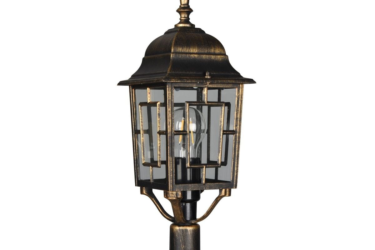 Lampa stojąca ogrodowa Volturno H200 w kolorze antycznej rdzy, z metalową konstrukcją i szklanym kloszem, zaprojektowana na 3 żarówki E27. Ujęcie z góry, pokazujące szczegóły wzoru na kloszu oraz mocowanie.