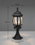 Lampa stojąca ogrodowa Elvo H49 w kolorze czarnym, z kloszem z przezroczystego szkła. Wymiary: wysokość 490 mm, średnica 155 mm, podstawka 170 mm. Kształt okrągły z dekoracyjnym detalem na szczycie. Przeznaczona do żarówki E27.