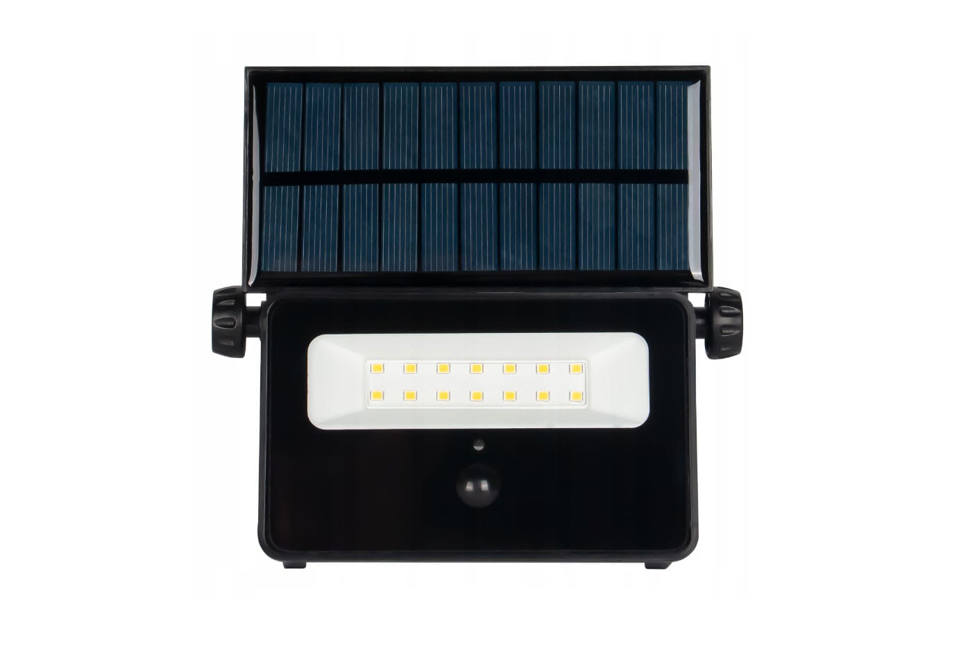 Naświetlacz solarny LED 20W z czujnikiem ruchu, kolor czarny. Widoczna płyta słoneczna na górze oraz biała lampa z dziesięcioma diodami LED. Ujęcie frontalne, produkt w pozycji stojącej, z czujnikiem umieszczonym pod diodami.