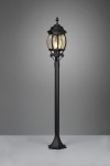 Lampa stojąca ogrodowa Elvo H100 w kolorze czarnym z oprawą E27. Posiada szklaną klosz w kształcie kulistym, umieszczoną na smukłym, prostym słupku z szeroką podstawą. Produkt ukazany z przodu na szarym tle.