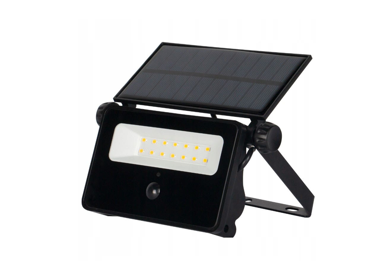 Naświetlacz solarny LED 30W z czujnikiem ruchu, kolor czarny. Posiada panel słoneczny na górze oraz białą obudowę z 10 diodami LED. Ujęcie z przodu, produkt stojący, widoczny kąt montażu. Wymiary nieokreślone.