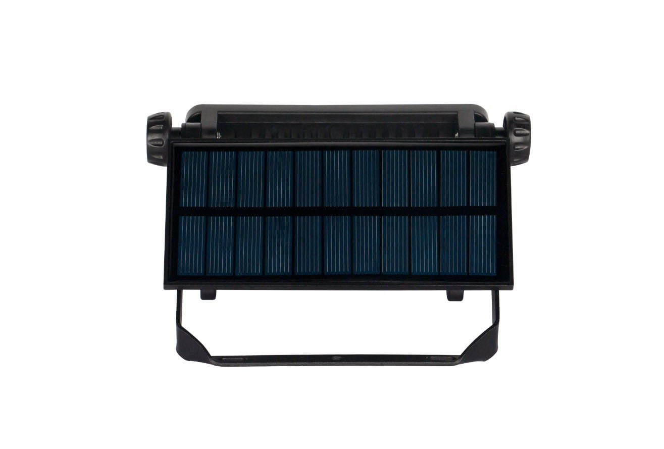 Naświetlacz solarny LED 30W z czujnikiem ruchu, czarna obudowa, panel słoneczny z niebieskimi prążkami, w pozycji stojącej, z uchwytem montażowym. Wymiary dostosowane do zewnętrznego oświetlenia. Działa na energię słoneczną, moc 1600 lumenów.