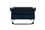 Naświetlacz solarny LED 30W z czujnikiem ruchu, czarna obudowa, panel słoneczny z niebieskimi prążkami, w pozycji stojącej, z uchwytem montażowym. Wymiary dostosowane do zewnętrznego oświetlenia. Działa na energię słoneczną, moc 1600 lumenów.