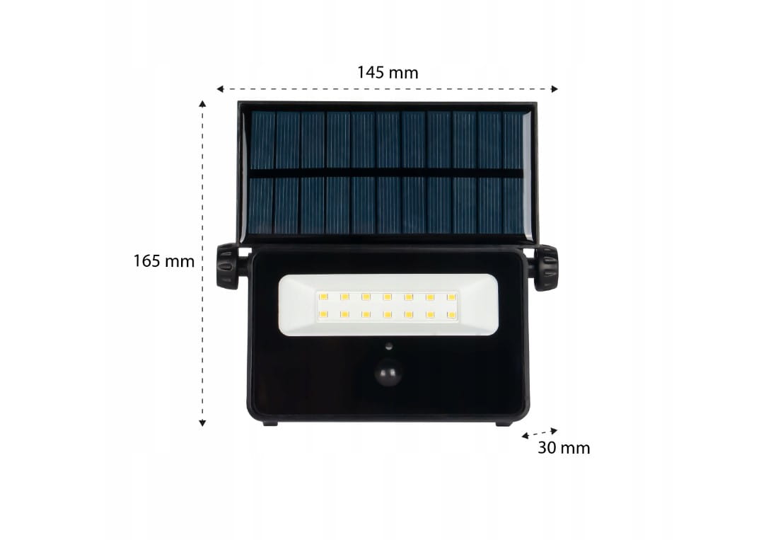 Naświetlacz solarny LED 30W z czujnikiem ruchu, kolor czarny. Posiada panel słoneczny na górze oraz ośmiokątną lampę LED z białymi diodami. Wymiary: 145 mm szerokości, 165 mm wysokości, 30 mm głębokości. Ujęcie frontalne.