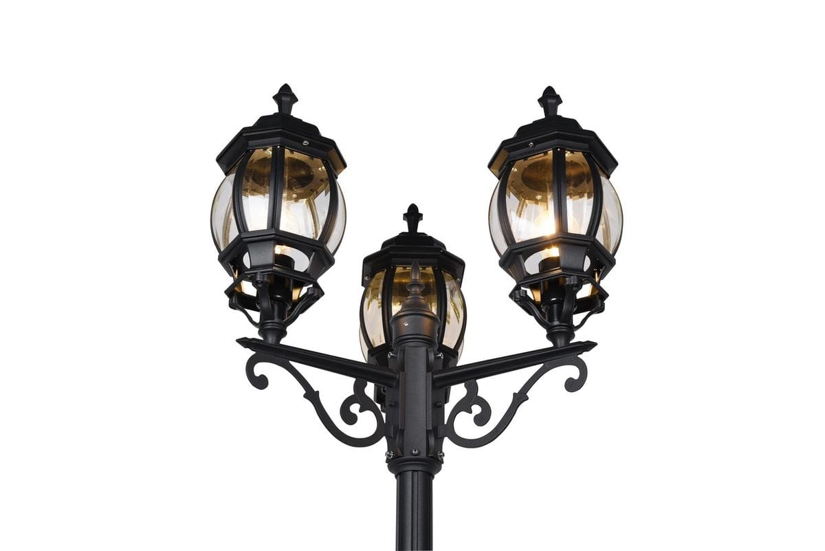 Lampa stojąca ogrodowa Elvo H240 w kolorze czarnym, z trzema kloszami E27. Klosze w formie szklanych cylindrów z metalowymi ramkami, umieszczone na ozdobnym stelażu. Widok z przodu, ukazujący detale konstrukcji oraz elegancki design.