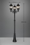 Lampa stojąca Elvo H240, czarna, z trzema kloszami E27. Wysokość 2400 mm, średnica 570 mm. Metalowa konstrukcja z ozdobnymi detalami, ustawiona na stabilnej podstawie. Idealna do oświetlenia ogrodów i przestrzeni zewnętrznych.