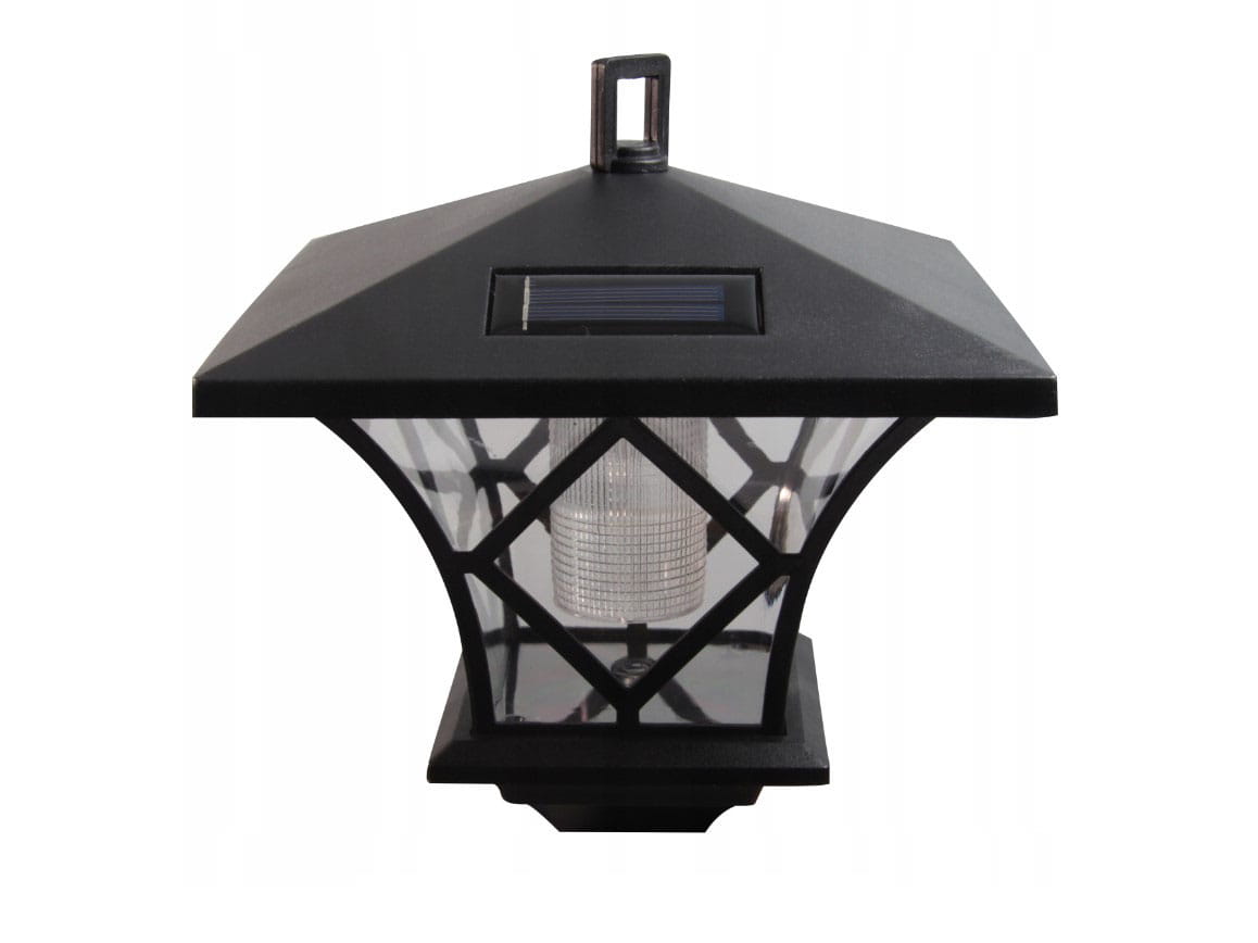 Lampa solarna ogrodowa z czujnikiem zmierzchu LED/H138 w kolorze czarnym, z prostokątną podstawą i ozdobnym kloszem witrażowym, umieszczona w pozycji stojącej, z widocznym panelem słonecznym na górze.