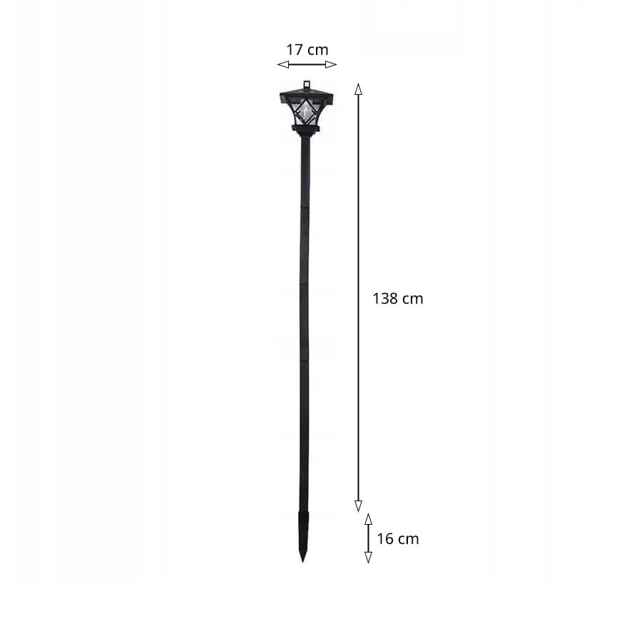 Lampa solarna ogrodowa z czujnikiem zmierzchu LED w kolorze czarnym, o wysokości 138 cm i szerokości 17 cm, z prostą, smukłą konstrukcją. Wyposażona w słupek do wbijania w ziemię, idealna do oświetlenia przestrzeni ogrodowej.