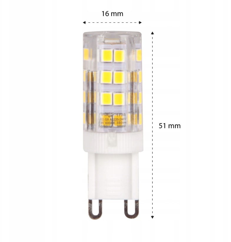 Żarówka LED G9 o mocy 5W, z neutralną białą barwą światła (4000K). Średnica 16 mm, długość 51 mm. Przezroczysta obudowa z widocznymi diodami LED w żółtym kolorze, z wtyczką G9 do łatwego montażu.