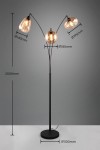 Lampa podłogowa Lumina w kolorze czarnym z bursztynowymi kloszami, z trzema źródłami światła E14. Wysokość 2000 mm, podstawka o średnicy 300 mm. Klosze o średnicach 140 mm, 180 mm i 195 mm, ustawione na giętych ramionach.