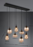 Czarna lampa wisząca Lumina z ośmioma bursztynowymi kloszami, zawieszona na cienkich linkach. Klosze mają różne kształty, o średnicach 140 mm, 180 mm i 195 mm. Długość lampy wynosi 1500 mm, a szerokość 1210 mm. Wymiary kloszy w detalach: 345 mm wysokości.