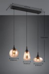 Lampa wisząca Lumina z trzema kloszami E14 w kolorze czarnym i bursztynowym. Klosze o średnicach 180mm, 140mm i 195mm, zawieszone na regulowanych linkach. Wymiary całkowite: długość 1500mm, szerokość 600mm, wysokość 85mm.