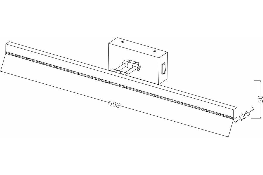 Lester kinkiet LED w kolorze czarnym, o długości 602 mm i wysokości 125 mm. Prosty, prostokątny kształt z zamontowanym źródłem światła. Widoczny element montażowy z tyłu. Przydatny w aranżacjach oświetleniowych.