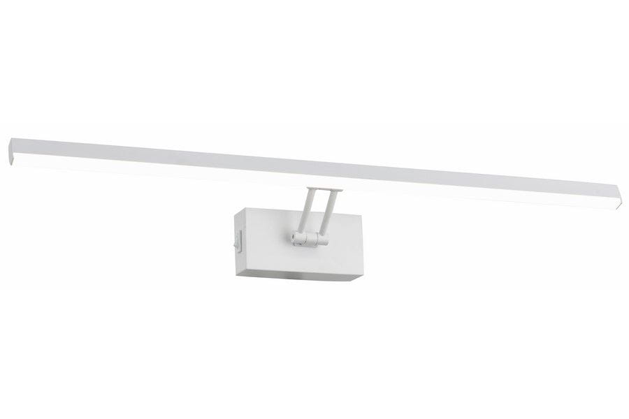 Biały kinkiet Lester z jedną diodą LED, o długości 60 cm i mocy 7W. Posiada prostokątną podstawę oraz ruchomy element, umożliwiający regulację kierunku światła. Zawieszony w pozycji poziomej, na jednolitym tle.
