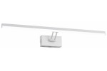 Biały kinkiet Lester z jedną diodą LED, o długości 60 cm i mocy 7W. Posiada prostokątną podstawę oraz ruchomy element, umożliwiający regulację kierunku światła. Zawieszony w pozycji poziomej, na jednolitym tle.