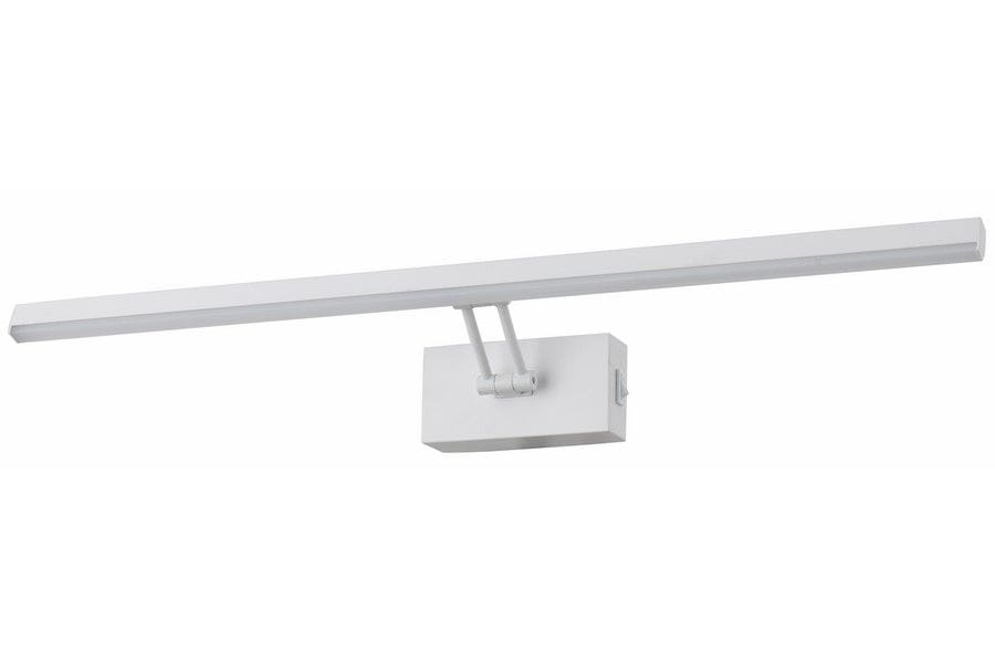 Biały kinkiet Lester z jedną diodą LED, o długości 60 cm i mocy 7W. Posiada prostokątną podstawę oraz ruchomy ramie, umożliwiające regulację kierunku światła. Ujęcie frontalne, na jednolitym tle.