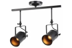 Czarna lampa sufitowa Gemma z dwoma spotami E27, zawieszona na prostokątnej ramie. Reflektory o cylindrycznym kształcie z metalicznymi wnętrzami, regulowane pod kątem. Montaż na suficie, minimalistyczny design.
