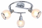 Lampa sufitowa Megan w chromie, z trzema punktami świetlnymi E14. Szklane klosze w kształcie kul z delikatnym wzorem, zamontowane na okrągłej podstawie. Ujęcie z dołu, ukazujące całość konstrukcji.