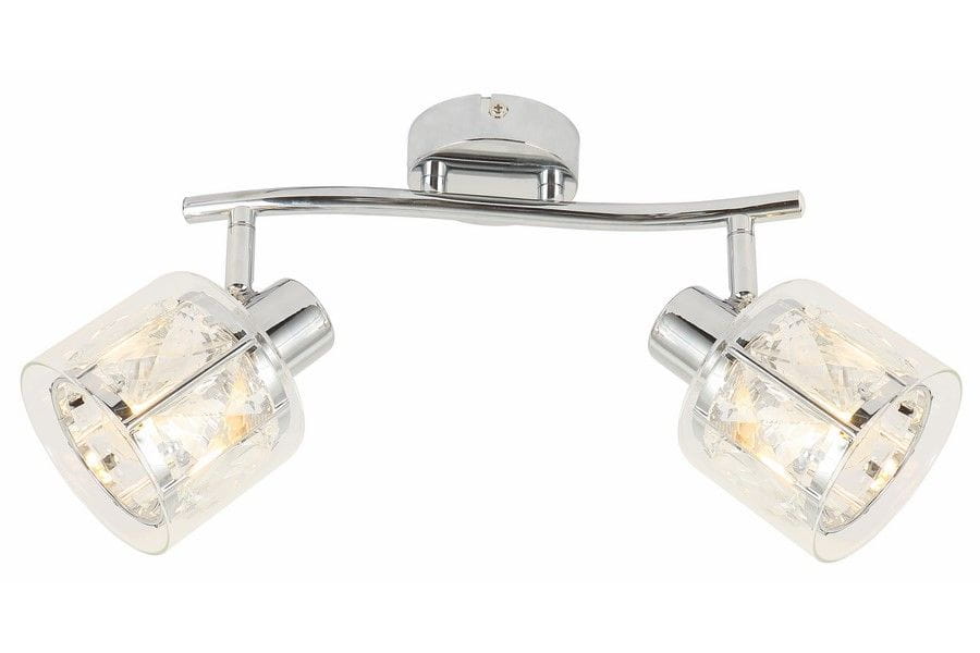 Lampa sufitowa Elmo z dwoma punktami świetlnymi, wykonana z chromu i przeźroczystego szkła. Ułożona na metalowej podstawie, z cylindrycznymi kloszami, które emitują ciepłe światło. Klosze mają dekoracyjne, wieloboczne wzory.