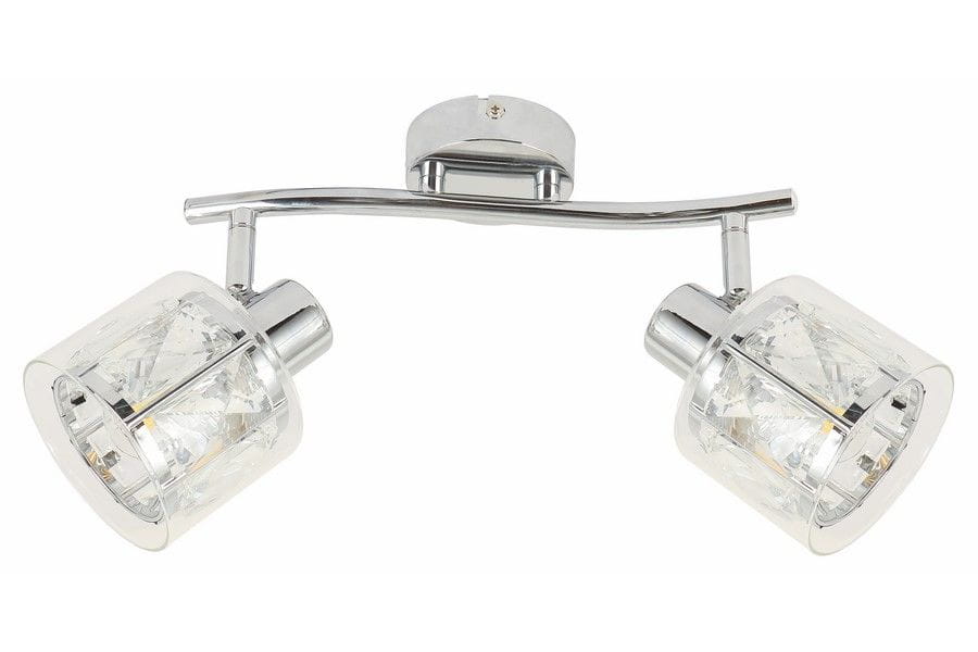 Lampa sufitowa Elmo z dwoma reflektorami, chromowana, z przezroczystymi kloszami o geometrycznym wzorze. Ułożona poziomo, montowana na suficie, z dwoma źródłami światła E14. Klosze lekko zaokrąglone, z widocznymi detalami dekoracyjnymi.