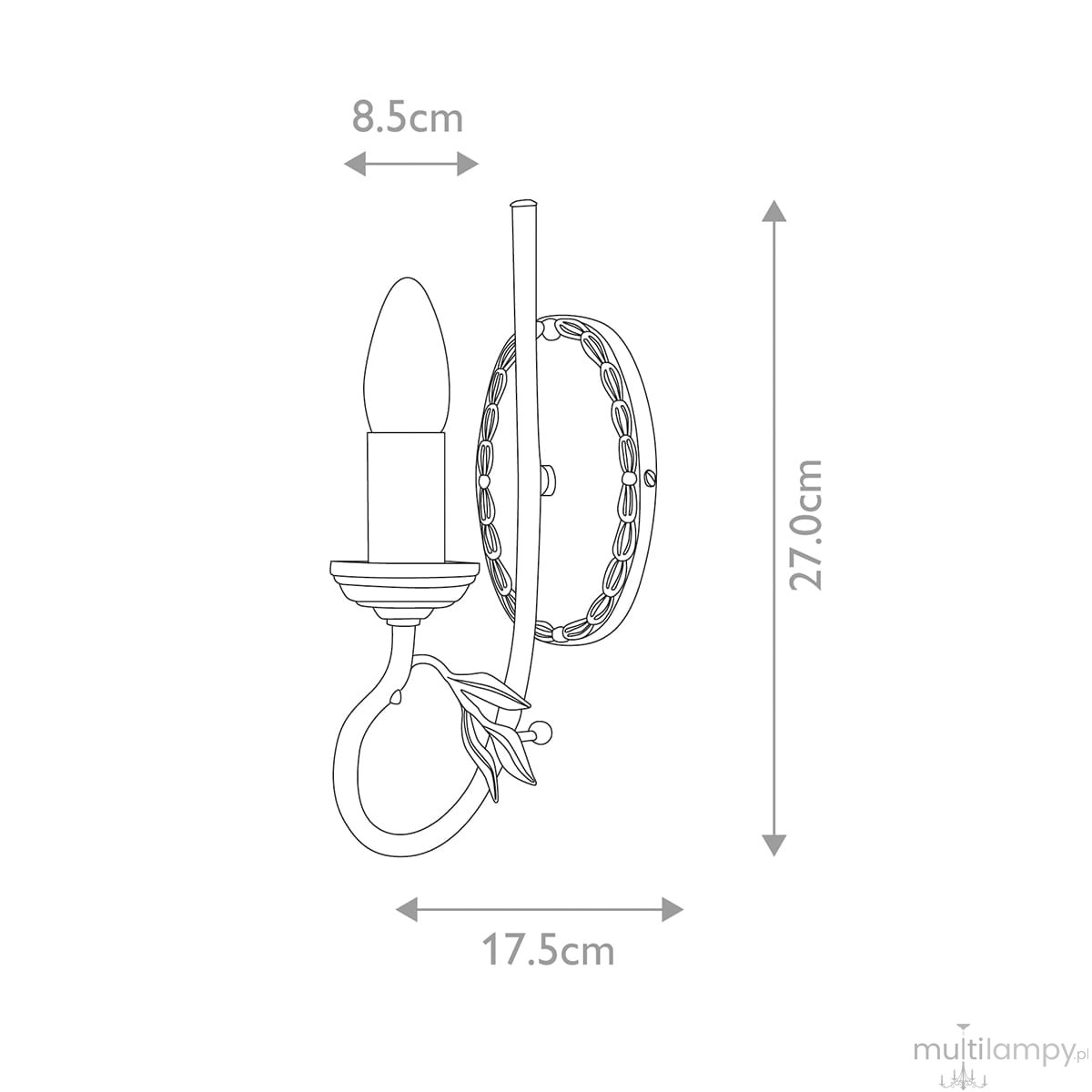 Kinkiet świecznikowy Olivia w antycznej bieli z złotymi akcentami. Wymiary: 27 cm wysokości, 17,5 cm szerokości, 8,5 cm głębokości. Okrągła podstawka z detalem liścia, miejsce na żarówkę E14. Produkt montowany na ścianie.