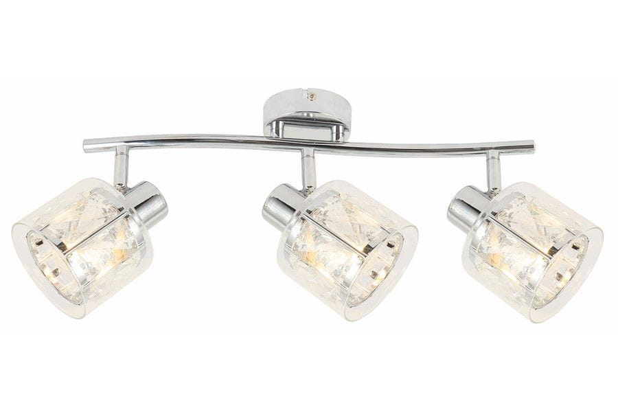Lampa sufitowa Elmo z trzema reflektorami E14 w chromowanej obudowie. Szklane klosze w kształcie sześcianu z przeźroczystym wykończeniem, zawieszone na łuku. Całość montowana do sufitu, idealna do nowoczesnych wnętrz.