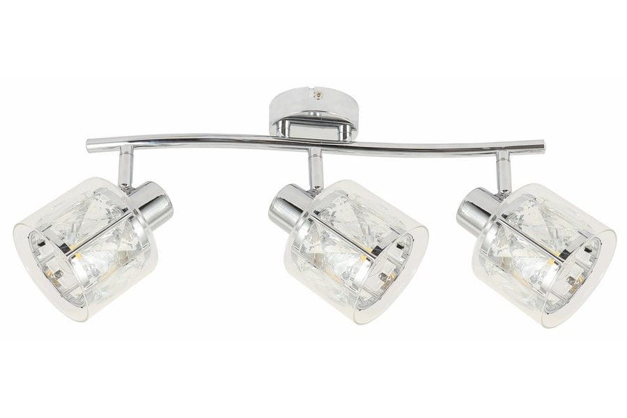 Lampa sufitowa Elmo z trzema reflektorami E14 w chromowanej obudowie. Szklane klosze w kształcie sześcianu, przezroczyste z dekoracyjnym wzorem. Ułożenie: wiszące, montowane do sufitu.