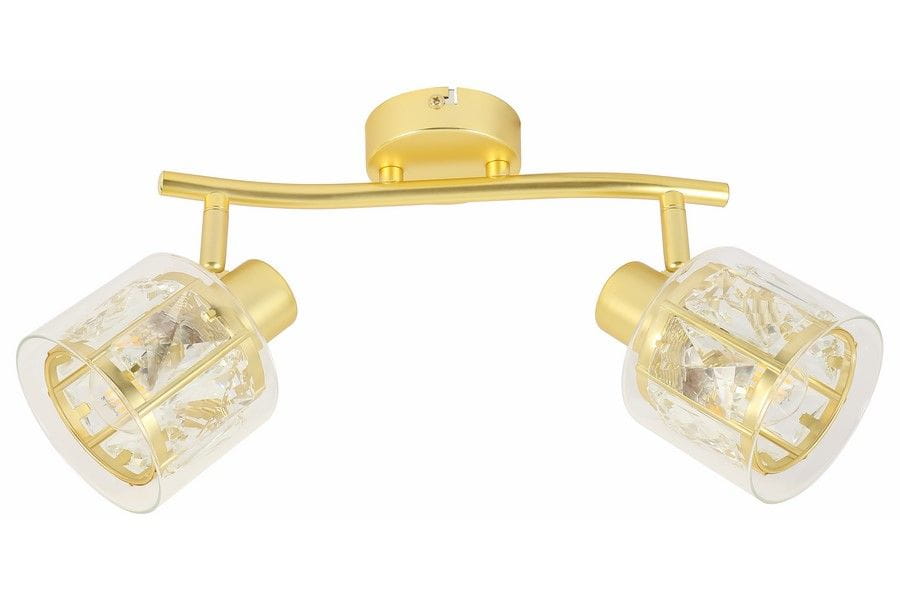 Lampa sufitowa Elmo z dwoma kloszami, złota z przeźroczystym szkłem. Klosze mają geometryczny kształt z widocznymi detalami wewnętrznymi. Produkt zamontowany na złotej podstawie, umieszczony w pozycji poziomej, idealny do oświetlenia wnętrz.