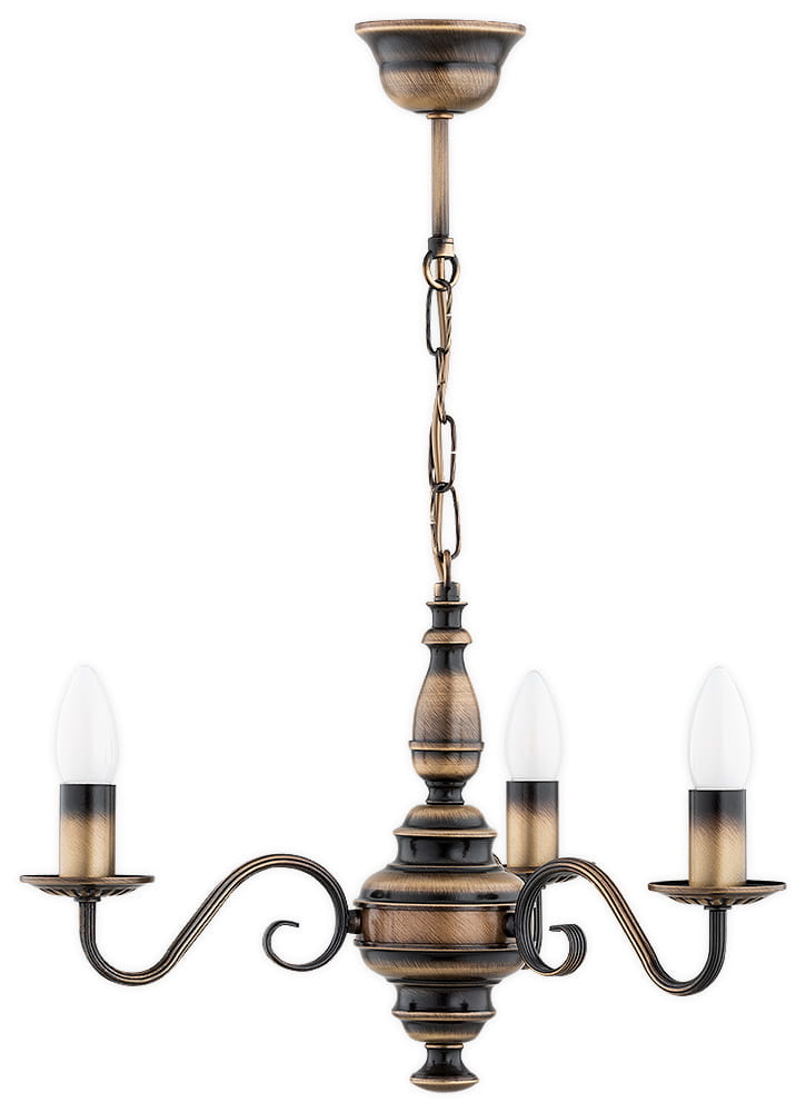 Żyrandol świecznikowy Velita z trzema oprawami na żarówki E14, w kolorze patyny. Ozdobne, zakrzywione ramiona, elegancki kształt z centralnym elementem. Zawieszony na łańcuchu, z metalowym stelażem. Wysoka estetyka, idealny do klasycznych wnętrz.