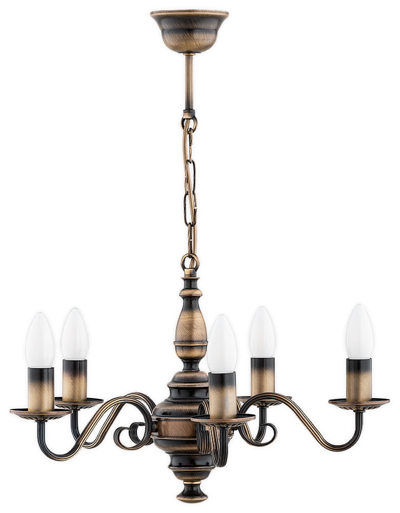 Żyrandol świecznikowy Velita z pięcioma oprawami E14 w kolorze patyny. Posiada eleganckie, stylizowane ramiona oraz białe klosze w kształcie łezki. Zawieszony na łańcuchu, idealny do klasycznych wnętrz.