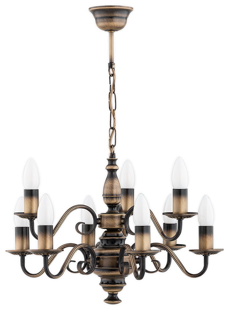 Żyrandol świecznikowy Velita w kolorze patyny, z dziewięcioma miejscami na żarówki E14. Ozdobne, zakrzywione ramiona i elegancki, zdobiony trzon. Ujęcie z góry, zawieszony na łańcuchu, na jednolitym tle.