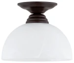 Brązowa lampa sufitowa Frella z jedną oprawą E27, z matowym, białym kloszem w kształcie półkuli. Montaż górny, prezentowana z bliska, ukazuje detale konstrukcji oraz fakturę klosza.