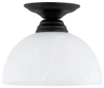 Czarna lampa sufitowa Frella z kloszem w kształcie półkuli, wykonana z białego szkła. Ujęcie z dołu, pokazujące detale mocowania i górnej części lampy. Idealna do nowoczesnych wnętrz.