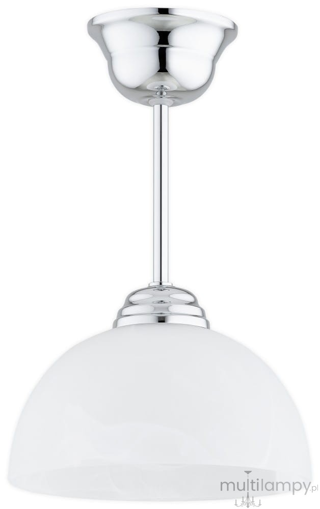 Lampa wisząca Frella z chromowanym wykończeniem, z pojedynczym źródłem światła E27. Szklany klosz w kształcie półkuli w białym kolorze, zawieszony na cienkim, chromowanym stelażu. Produkt umieszczony frontalnie na białym tle.