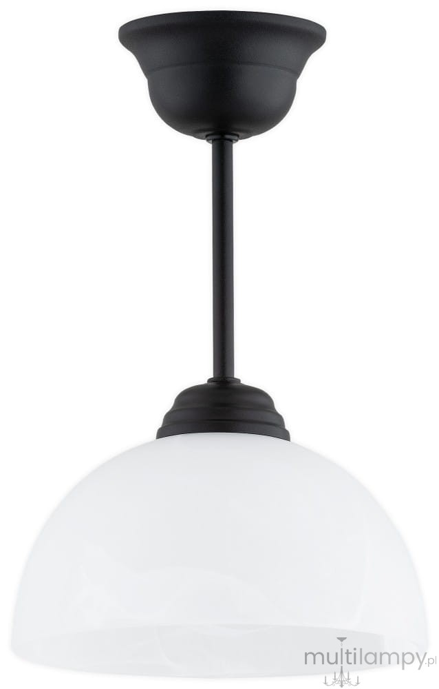Lampa wisząca Frella z jednym gniazdem E27, czarna, z metalowym stelażem oraz szklanym kloszem w kształcie półkuli, zawieszona na cienkim pręcie. Klosz ma białą, gładką powierzchnię, co nadaje elegancki wygląd.
