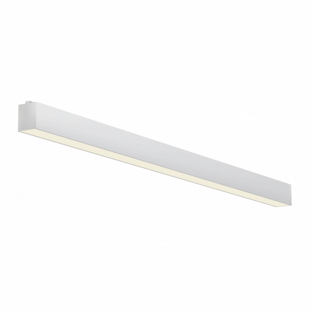 Lampa sufitowa Astar L116 w kolorze białym, prostokątna, z jednym źródłem światła LED o mocy 35W. Ujęcie z boku, z widoczną matową obudową i wbudowanym panelem świetlnym. Idealna do nowoczesnych wnętrz.