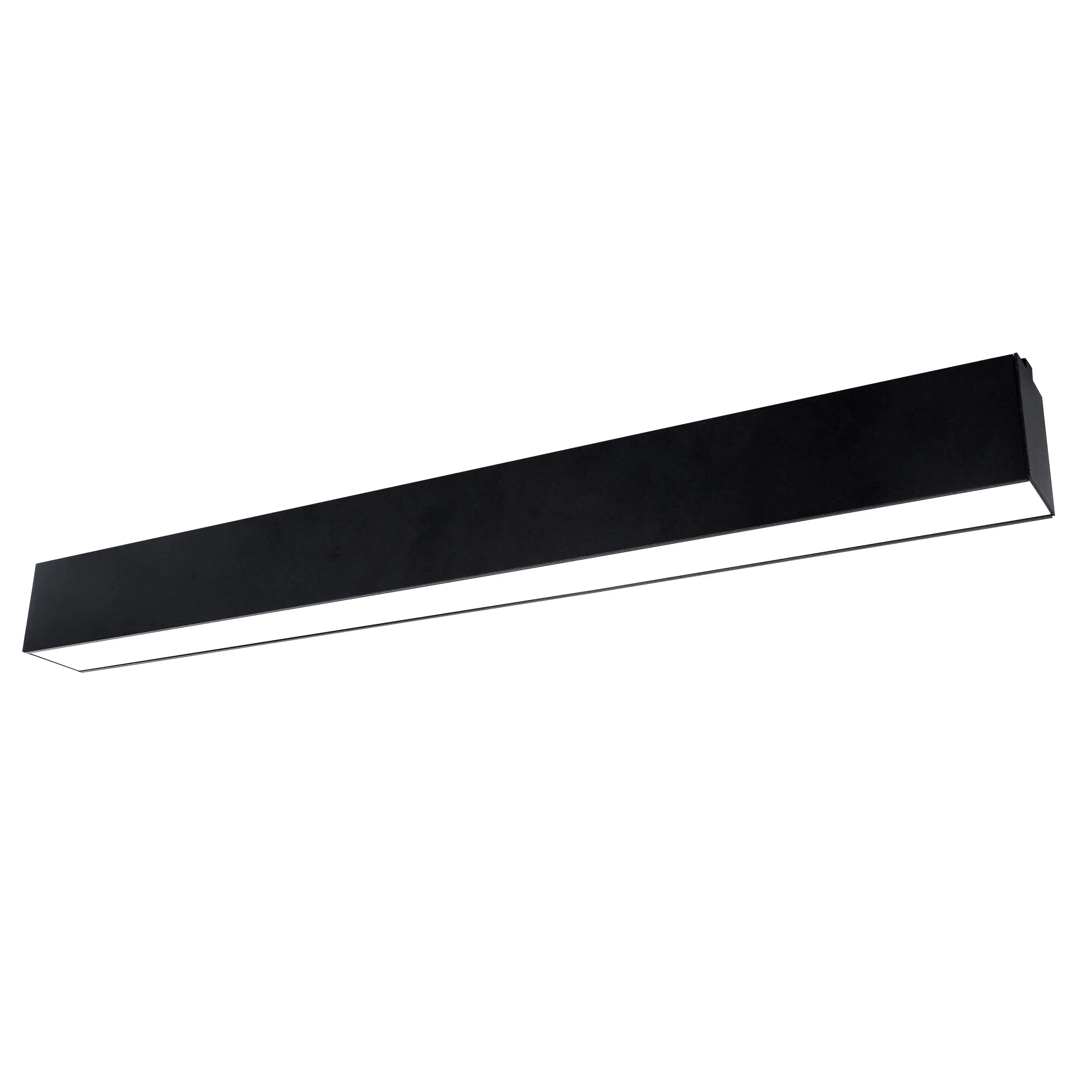 Czarna lampa sufitowa Astar L62 z jedną diodą LED o mocy 20W. Posiada prostokątny kształt z matowym wykończeniem oraz białym paskiem świetlnym na dolnej krawędzi. Ujęcie z boku, prezentujące jej smukły design.