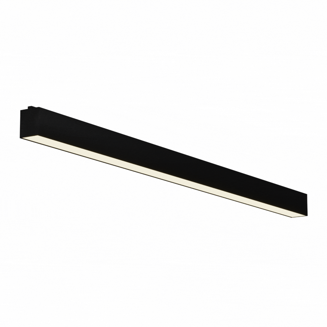 Lampa sufitowa Astar L116 w kolorze czarnym, prostokątna, z diodą LED 35W. Ujęcie frontalne, produkt zamontowany, z białym paskiem światła na dolnej krawędzi. Idealna do nowoczesnych wnętrz.