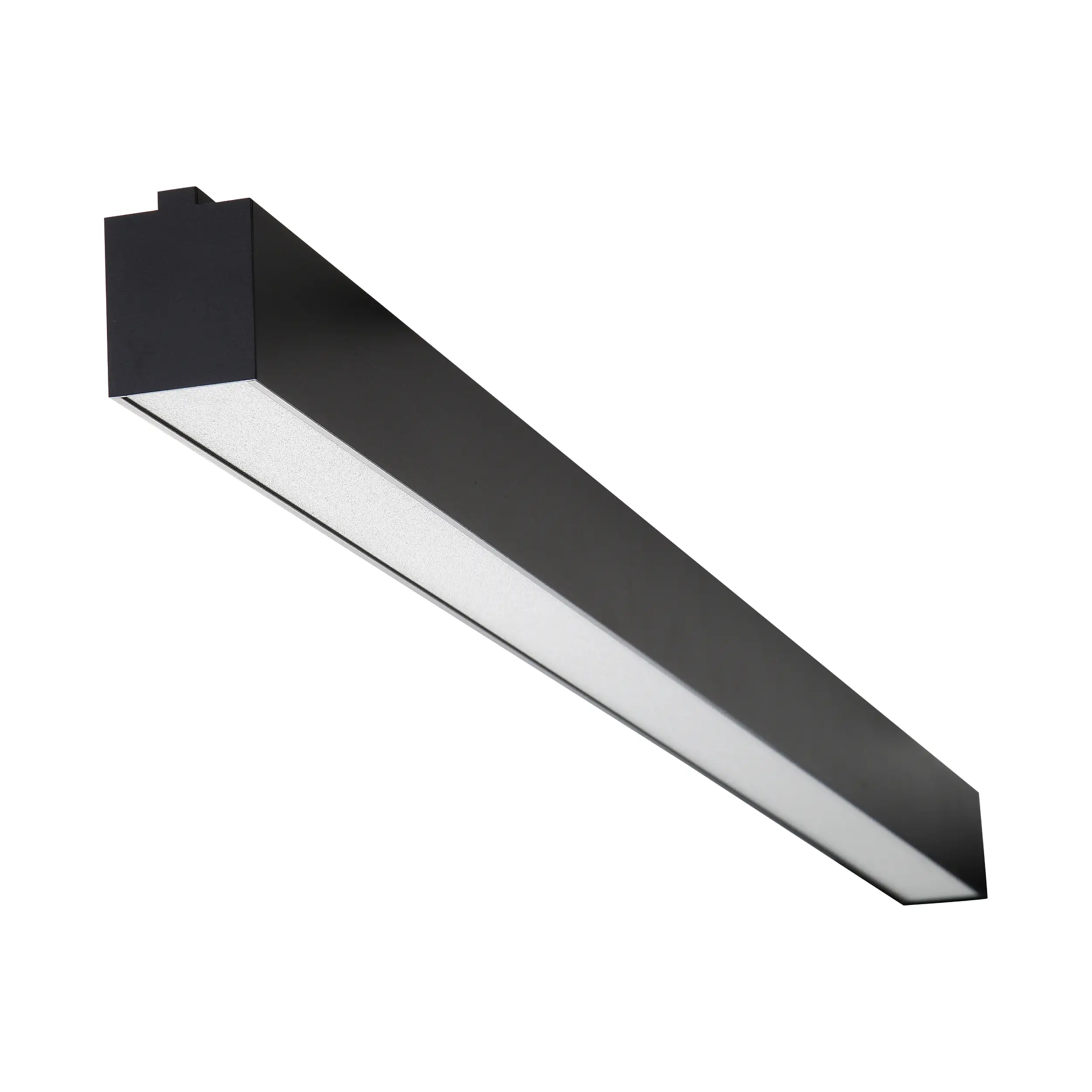 Czarna lampa sufitowa Astar L116 z jedną diodą LED o mocy 35W. Prosta, prostokątna konstrukcja w kolorze czarnym z wbudowanym źródłem światła. Ujęcie z boku, ukazujące elegancki, minimalistyczny design.